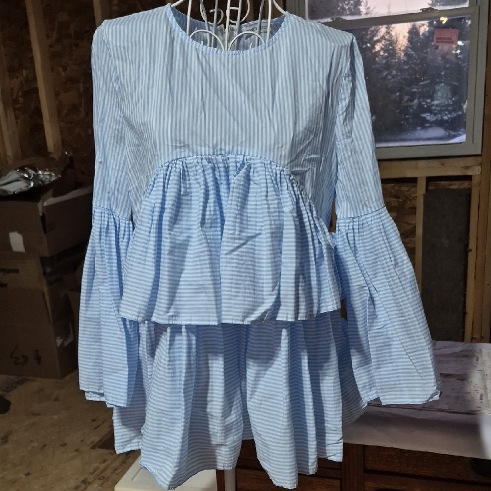 Blue Striped Layered Ruffled Top by Concepcion. Size small.